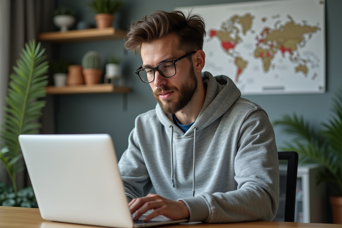 Jeune homme concentré sur son ordinateur dans un bureau moderne