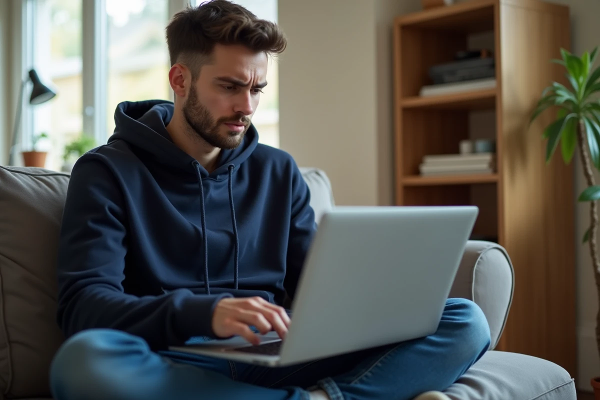 Jeune homme cherchant une solution en ligne pour réparer Agendis 95 depuis son domicile