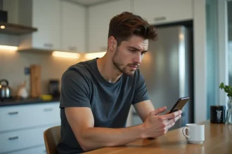 Jeune homme regardant son smartphone dans la cuisine moderne