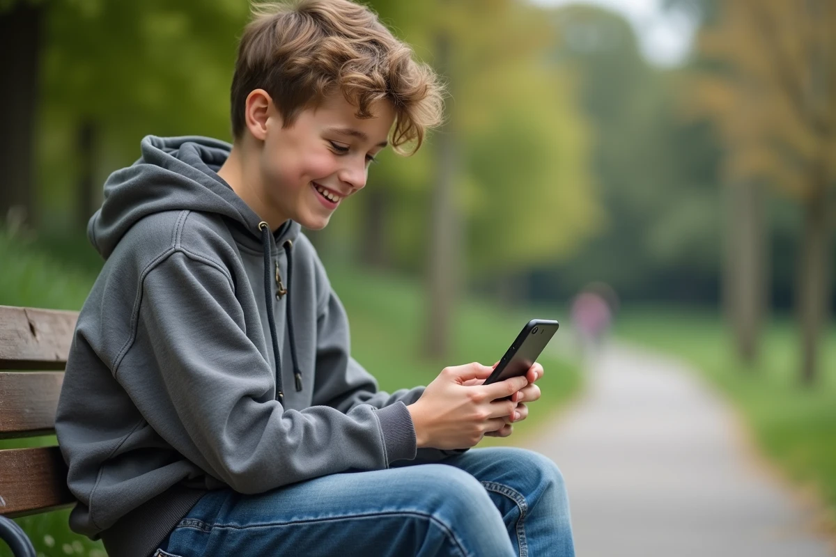 Adolescent souriant avec smartphone dans un parc