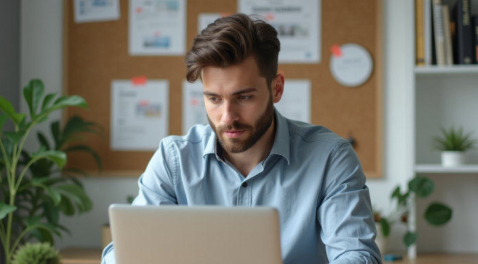 WordPress : framework ou CMS ? Quelle différence ? Jeune homme au bureau travaillant sur son ordinateur