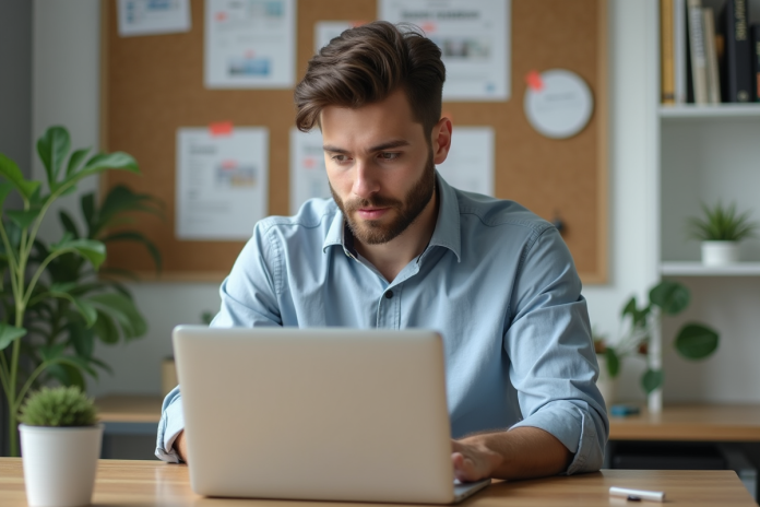 jeune-homme-travail-bureau Jeune homme au bureau travaillant sur son ordinateur