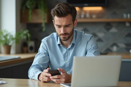 Jeune homme professionnel examine son smartphone à la maison