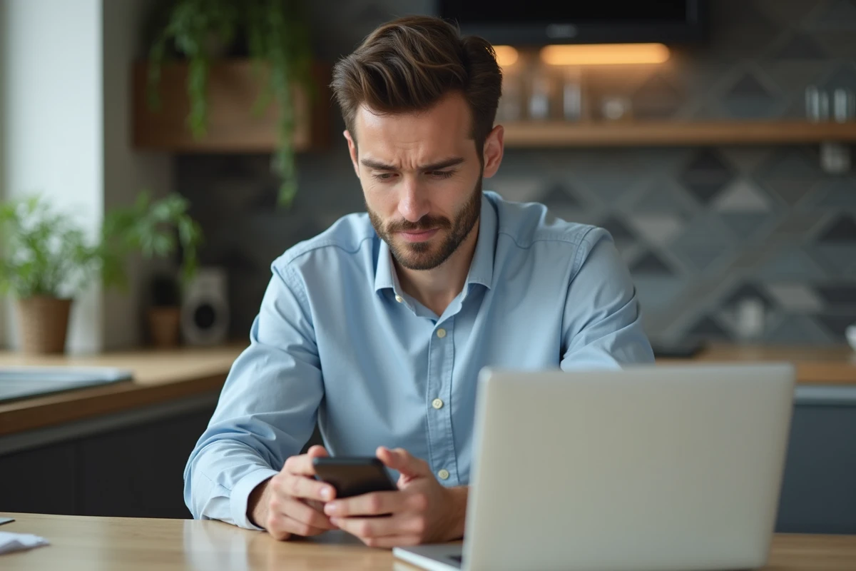 Jeune homme professionnel examine son smartphone à la maison