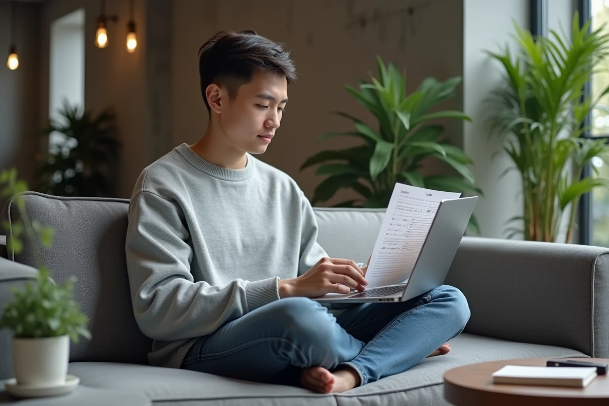 Jeune professionnel en espace de coworking consultant une fiche de raccourcis clavier pour écrire un È majuscule accentué dans un mail