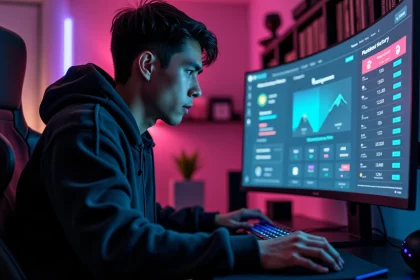 Joueur consultant son historique d'achat Valorant sur un grand écran de PC gaming dans une pièce moderne