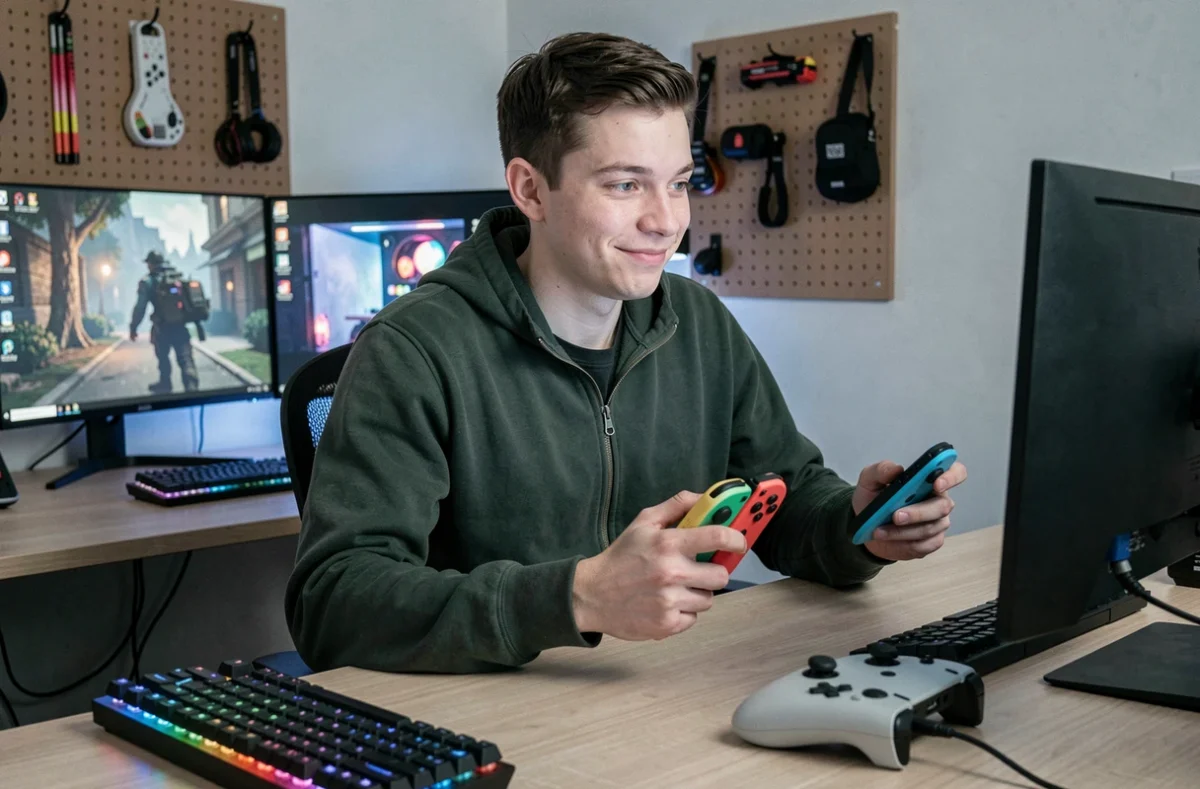 Joueur utilisant deux Joy-Con de la Nintendo Switch comme manettes séparées sur PC, avec une manette Pro Controller posée sur le bureau à côté