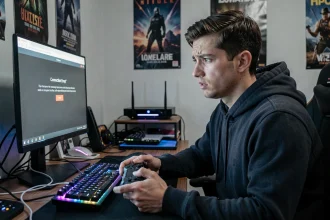 Joueur frustré face à un écran d'erreur de connexion sur son PC gaming à domicile