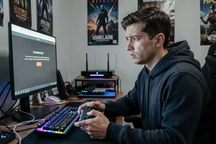 Joueur frustré face à un écran d'erreur de connexion sur son PC gaming à domicile