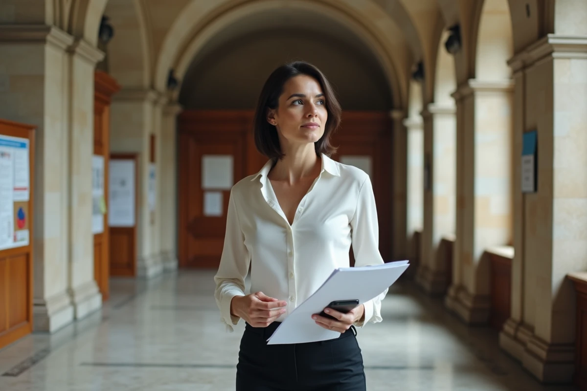 Femme juriste tenant un smartphone chiffré dans un couloir de palais de justice français
