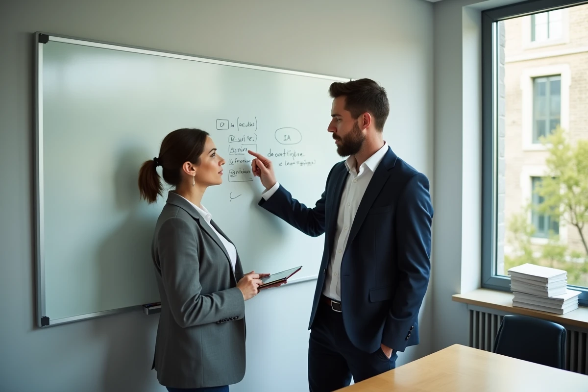 Deux juristes débattant de l'utilisation de l'intelligence artificielle et de la déontologie devant un tableau blanc dans une salle de séminaire
