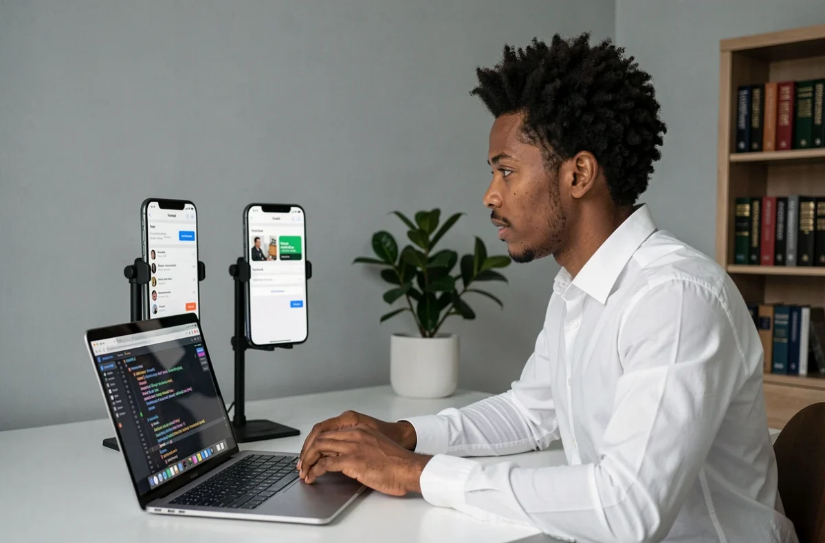 Développeur de Kaïlimer analysant deux versions d'une interface d'application mobile sur écrans