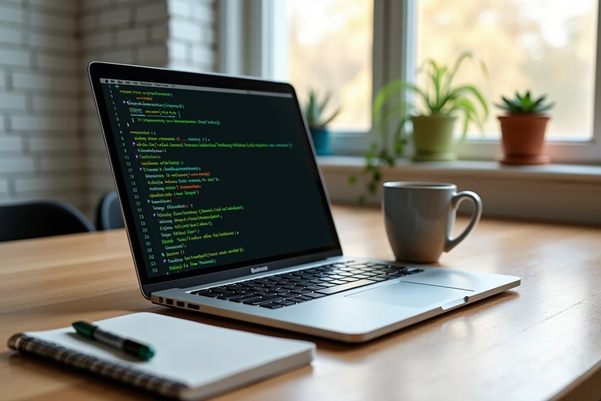 Ordinateur portable affichant un script Python de scraping SEO avec extraction de mots-clés et titres dans un espace de travail minimaliste