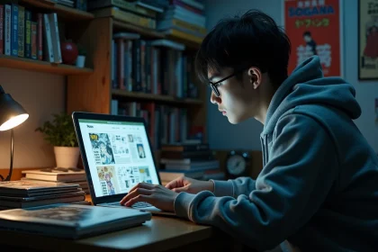 Jeune homme lisant des mangas en ligne sur un ordinateur portable dans sa chambre entourée de volumes physiques