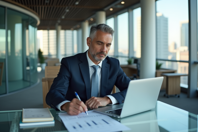 manager-bureau-ordinateur Manager daffaires en réunion dans un bureau moderne