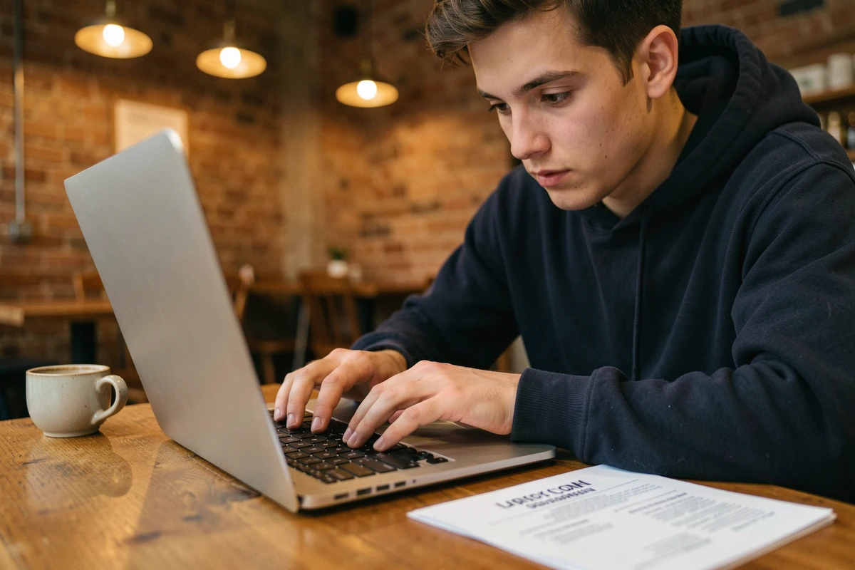 Jeune personne consultant un mémo de raccourcis clavier imprimé dans un café urbain