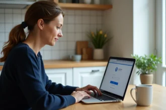 Mère de famille connectée sur l'ENT Paris Classe Numérique depuis son ordinateur portable à la maison pour accéder au compte parent