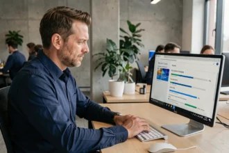Homme consultant un guide de migration Windows 10 sur son ordinateur de bureau dans un open space professionnel
