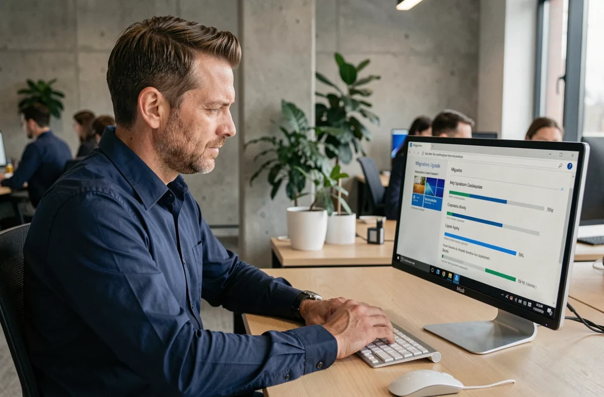 Homme consultant un guide de migration Windows 10 sur son ordinateur de bureau dans un open space professionnel
