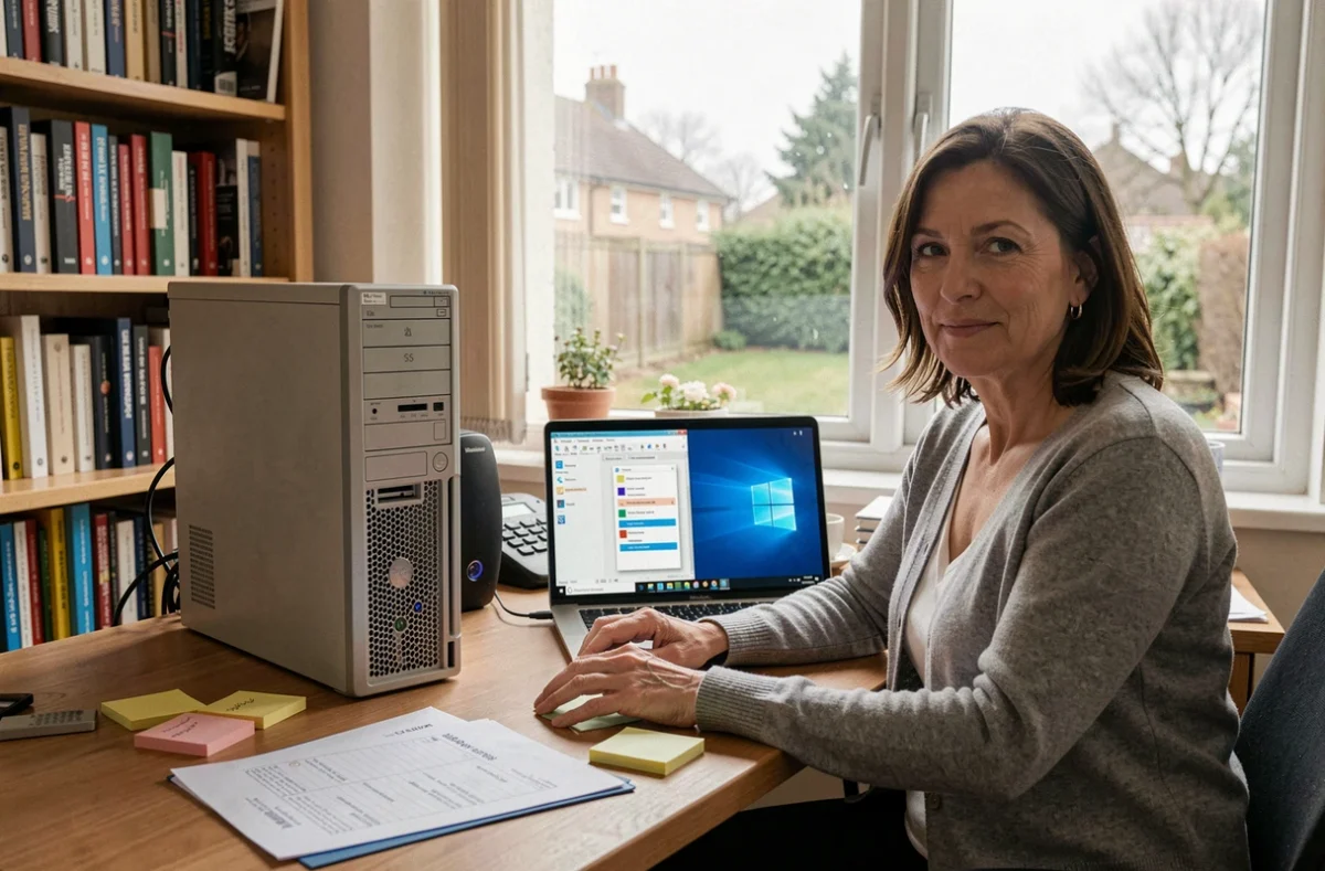 Femme organisant sa migration de Windows 7 vers Windows 10 depuis son bureau à domicile avec checklist imprimée