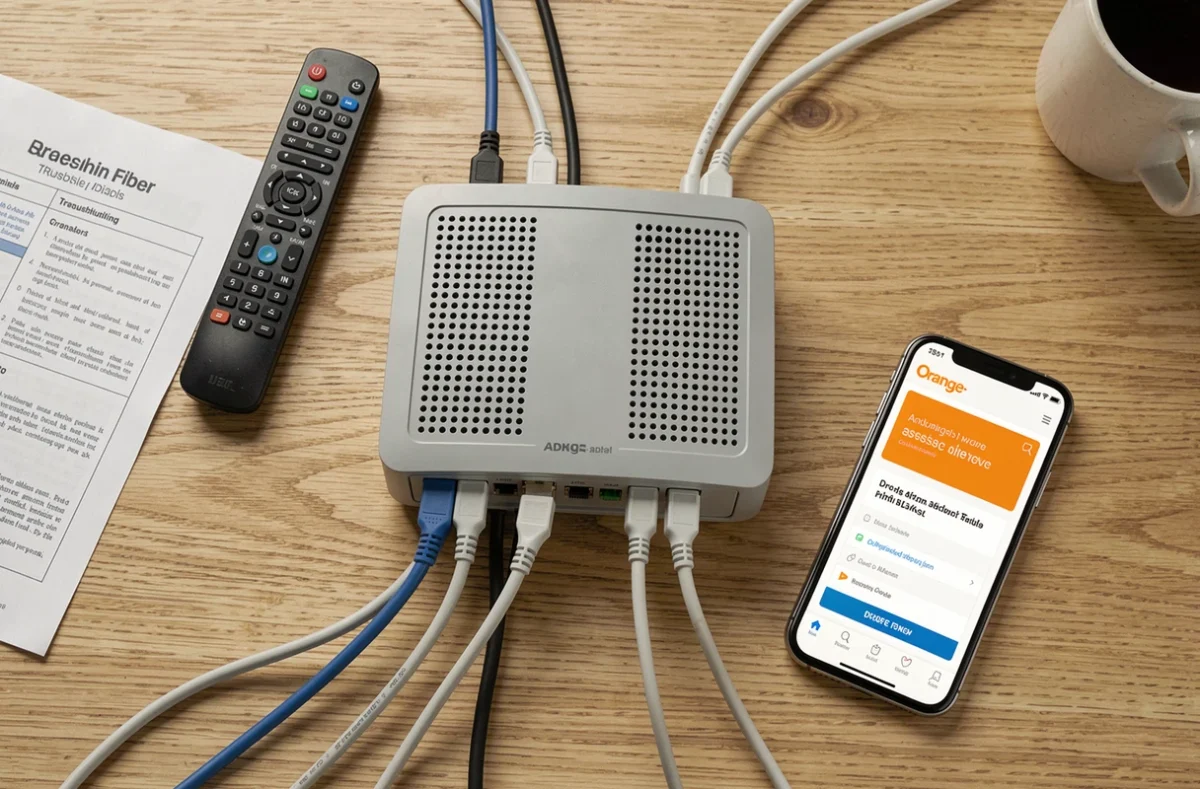 Vue aérienne d'un modem Orange ADSL avec câbles et guide de dépannage du code erreur TV L11-06