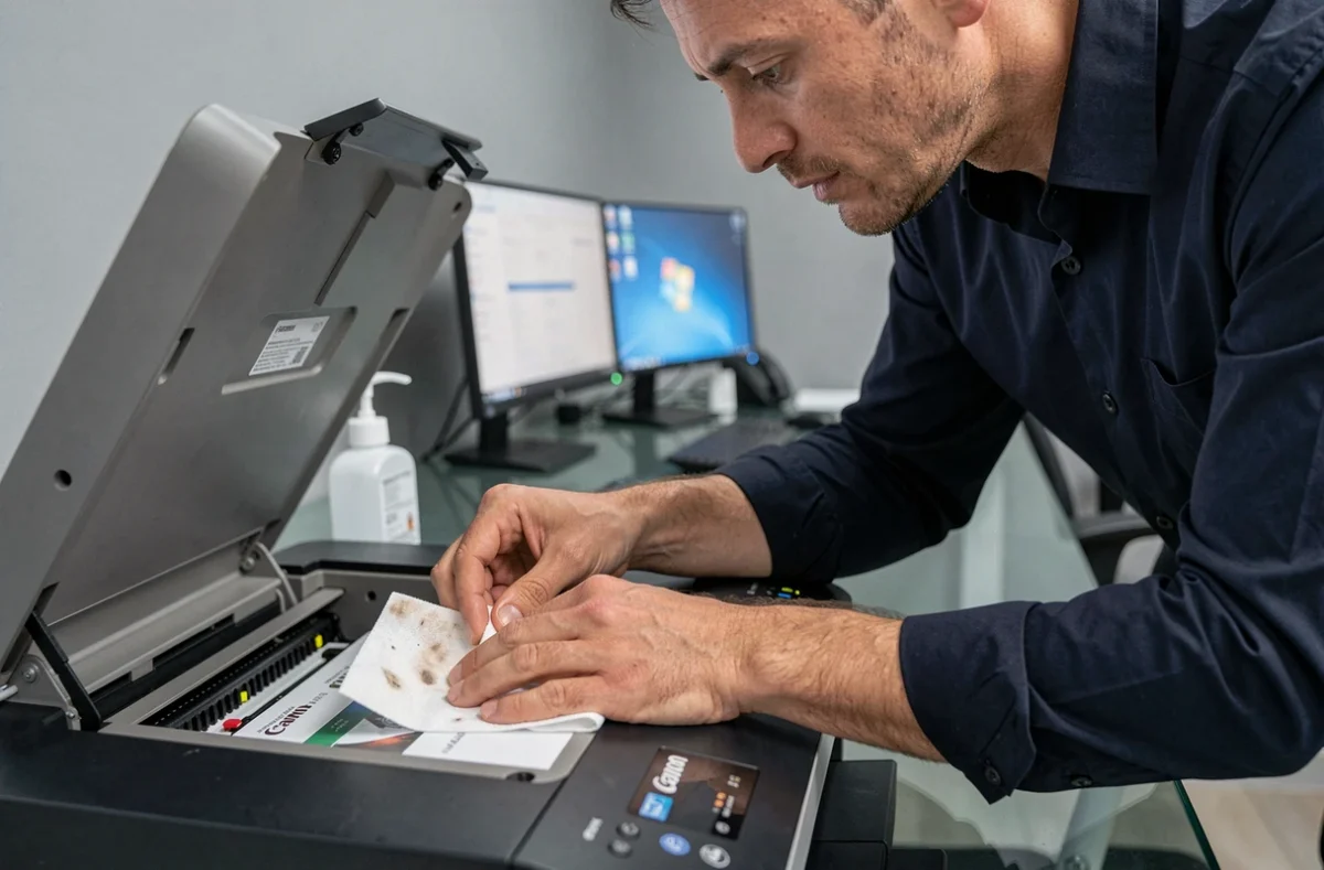 Homme nettoyant la tête d'impression d'une imprimante Canon avec un chiffon non pelucheux dans un bureau professionnel moderne