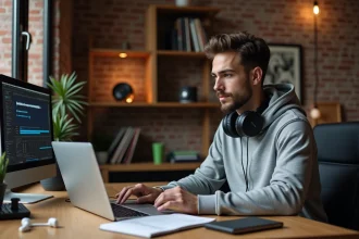 Jeune homme avec casque audio optimisant la qualité de ses fichiers MP3 sur un ordinateur portable dans un studio à domicile