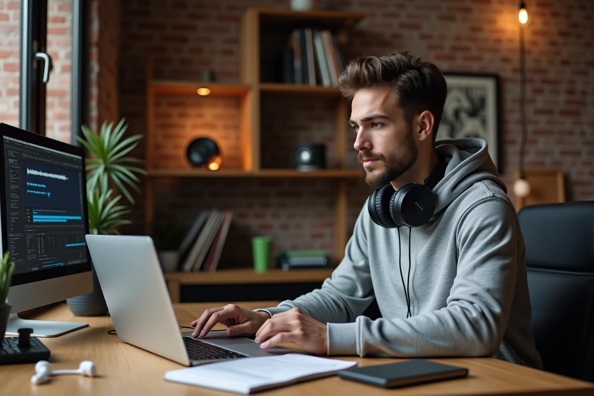 Jeune homme avec casque audio optimisant la qualité de ses fichiers MP3 sur un ordinateur portable dans un studio à domicile