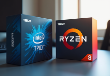Configuration PC avec processeurs Intel et Ryzen sur un bureau lumineux