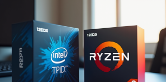 Configuration PC avec processeurs Intel et Ryzen sur un bureau lumineux