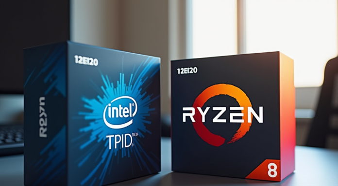 Configuration PC avec processeurs Intel et Ryzen sur un bureau lumineux