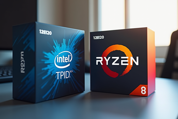 Configuration PC avec processeurs Intel et Ryzen sur un bureau lumineux