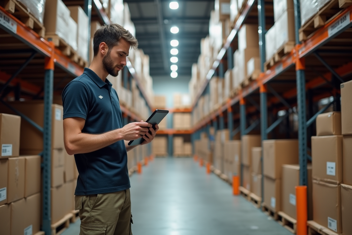 Jeune ouvrier en entrepôt vérifiant l