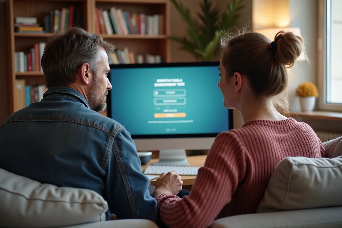 Deux parents consultant ensemble l'ENT Paris Classe Numérique sur un ordinateur de bureau pour créer ou accéder à un compte parent