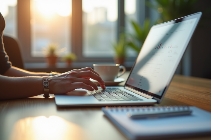 pause-google-ads-laptop Main sur un ordinateur pour mettre en pause une campagne Google Ads