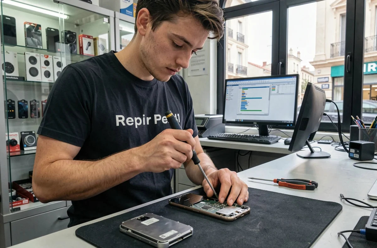Technicien de PC Repair 41 utilisant un tournevis de précision pour ouvrir un smartphone sur un tapis antistatique à Nîmes