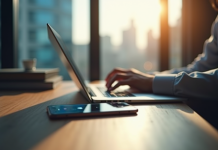 Personne utilisant un ordinateur portable avec smartphone securite digitale
