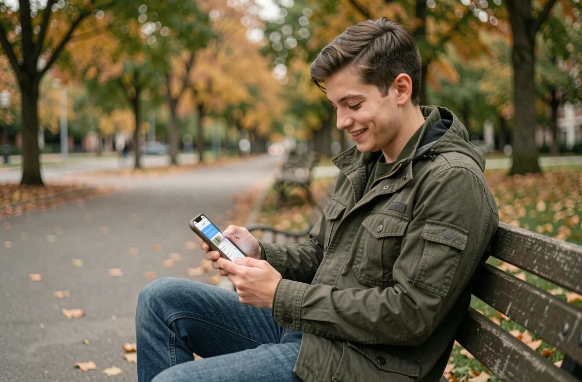 Jeune personne dans un parc consultant son smartphone pour configurer un message programmé sur WhatsApp