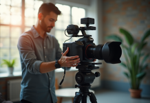 Photographe ajustant les réglages d'un appareil en studio lumineux