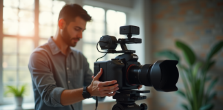 Photographe ajustant les réglages d'un appareil en studio lumineux