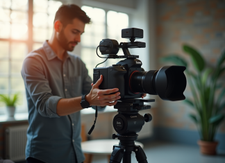 Photographe ajustant les réglages d'un appareil en studio lumineux
