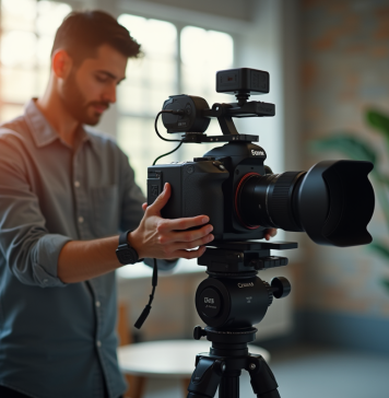 Photographe ajustant les réglages d'un appareil en studio lumineux