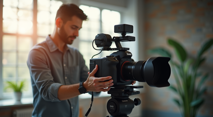 Photographe ajustant les réglages d'un appareil en studio lumineux
