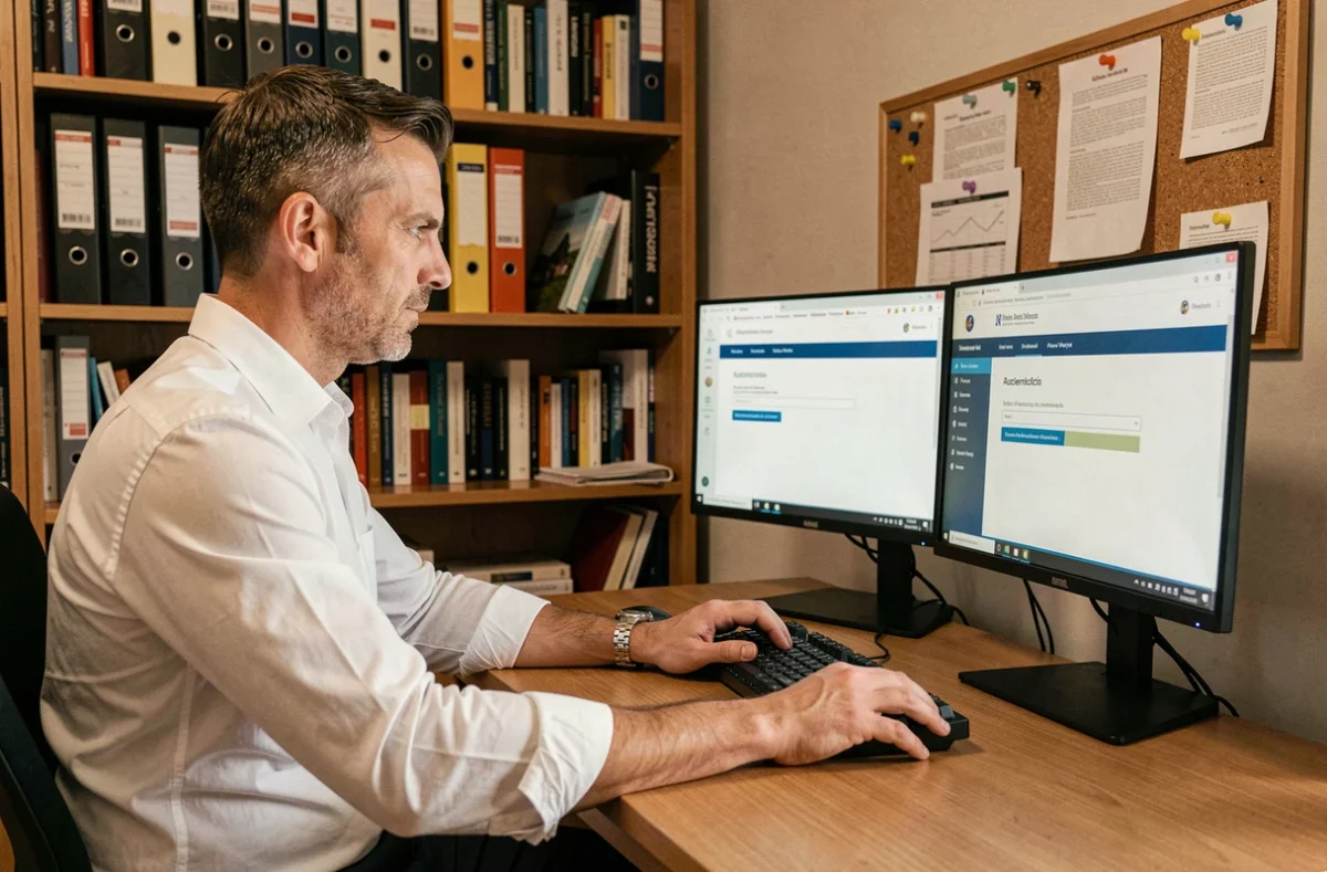 Homme utilisant un portail de messagerie sécurisée type Mercure douane depuis un bureau à domicile
