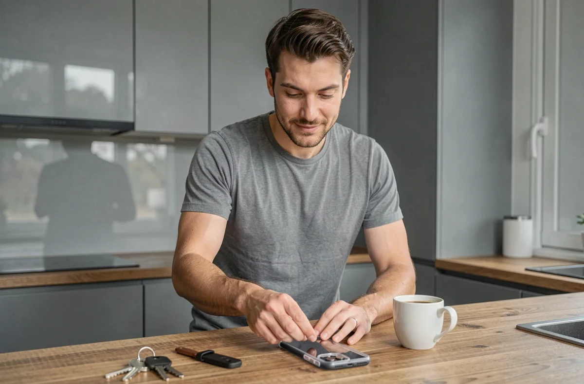 Homme installant une coque transparente sur un iPhone 14 dans une cuisine moderne