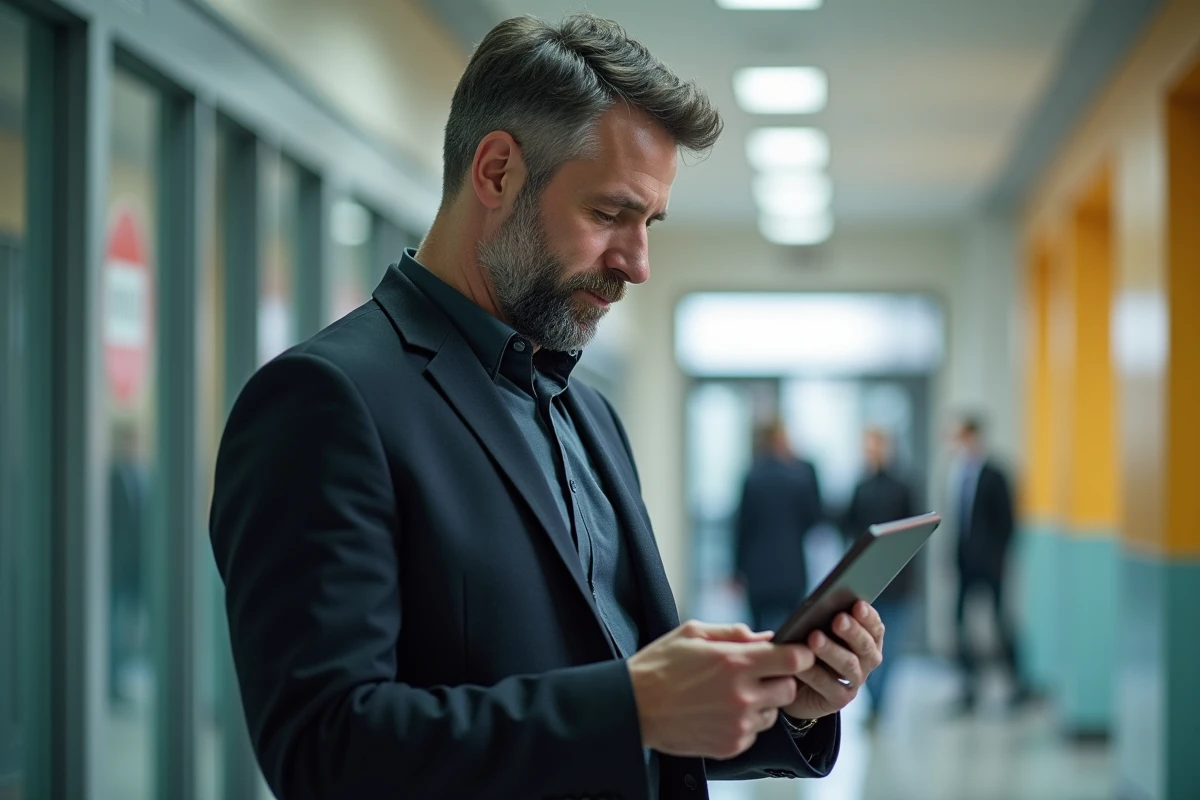 Professeur avec tablette dans un couloir d