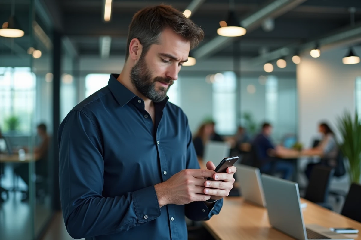 Professionnel consultant un chatbot ChatGPT intégré à WhatsApp dans un bureau moderne