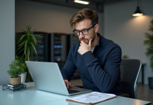 Jeune homme IT examinant un ordinateur portable en bureau