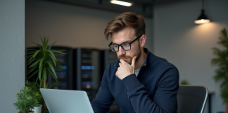 Jeune homme IT examinant un ordinateur portable en bureau