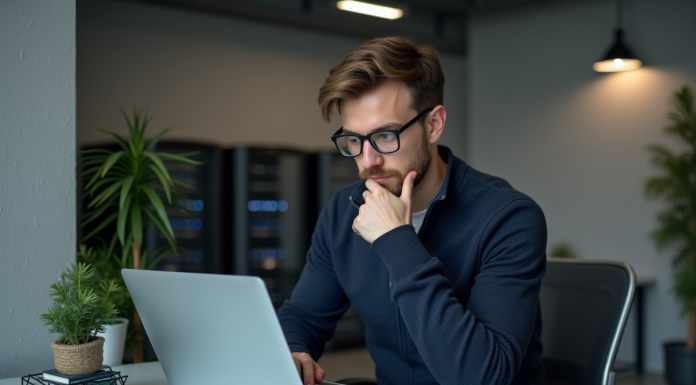 Jeune homme IT examinant un ordinateur portable en bureau